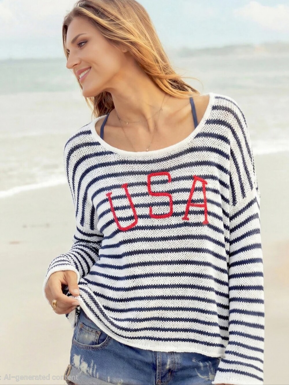 Wooden Ships USA Striped Crew, Summer Sweater - Size S/M